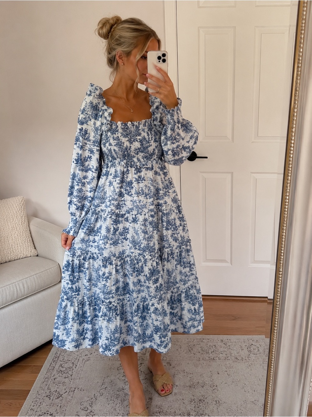 Hyacinth House Georgina Toile Print Smocked Midi Dress Blue White Size S